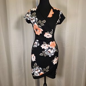 Almost Famous Floral Wrap Dress Medium Black Orange Bodycon